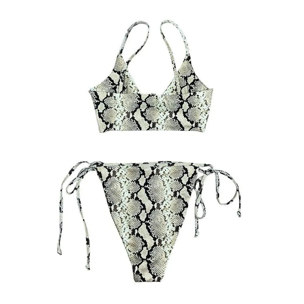 Nasty Gal Snake Print Black/Beige 2-Piece Bikini Tie Front Top Tie Side Bottom 8